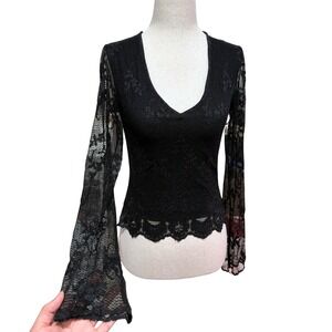 VTG Ann Ferriday Black Lace Sheer‎ Bell Sleeve V Neck Top Whimsigoth Dark Fairy
